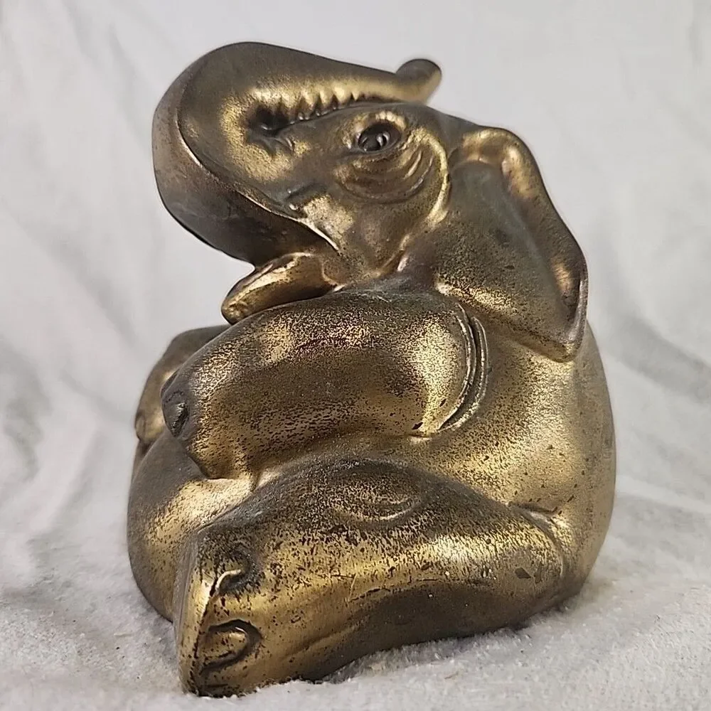 Statue Brass Elephant Sitting Figure Trunk Up 5
